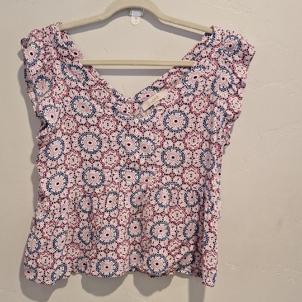 LOFT Pink and Blue Patterned Blouse